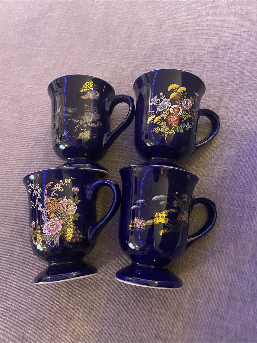 Vintage Japanese Cobolt blue mugs with deaign